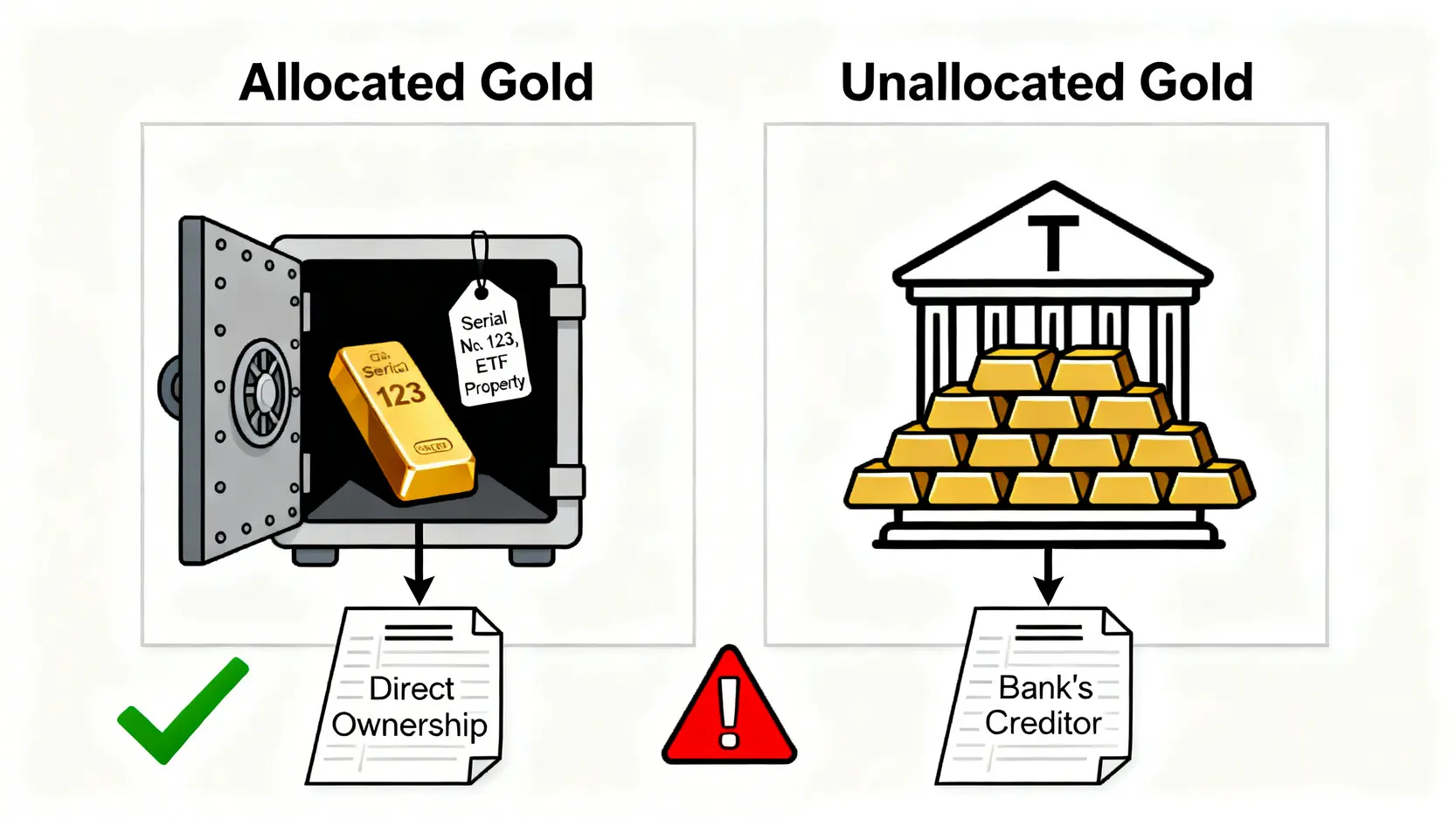 已配置黃金與未配置黃金的對比圖。左側顯示已配置黃金是具有獨立編號、產權清晰的實物金條;右側顯示未配置黃金僅是銀行負債表上的債權,風險較高。
