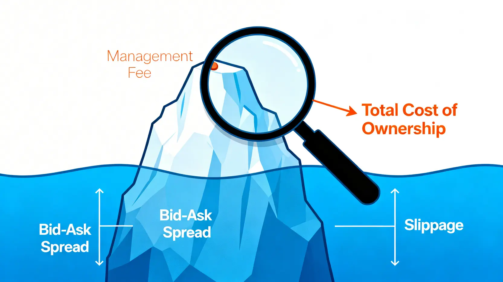 黃金ETF總持有成本的概念圖,顯示管理費只是冰山一角,而更大的隱藏成本是買賣價差和滑點。