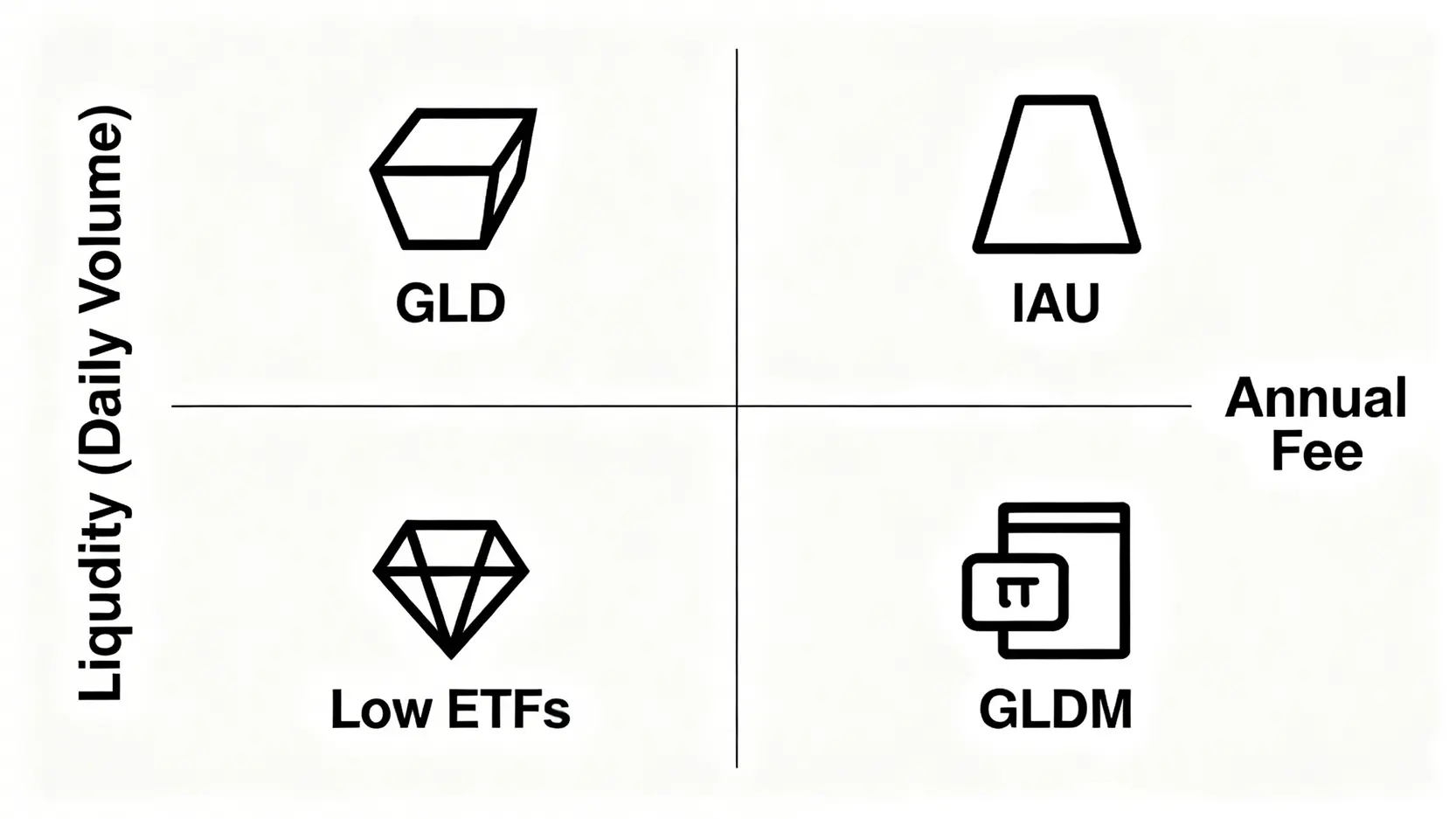 黃金ETF比較圖,根據費用率與流動性將GLD、IAU和GLDM定位在四象限中。