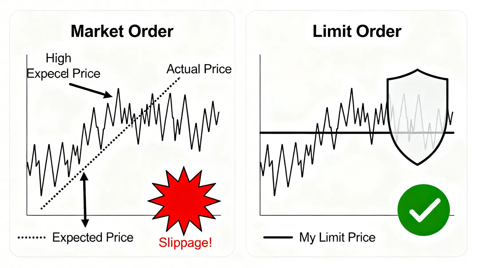 市價單與限價單的風險對比圖,市價單可能因滑點造成損失,而限價單則能提供成本保護。