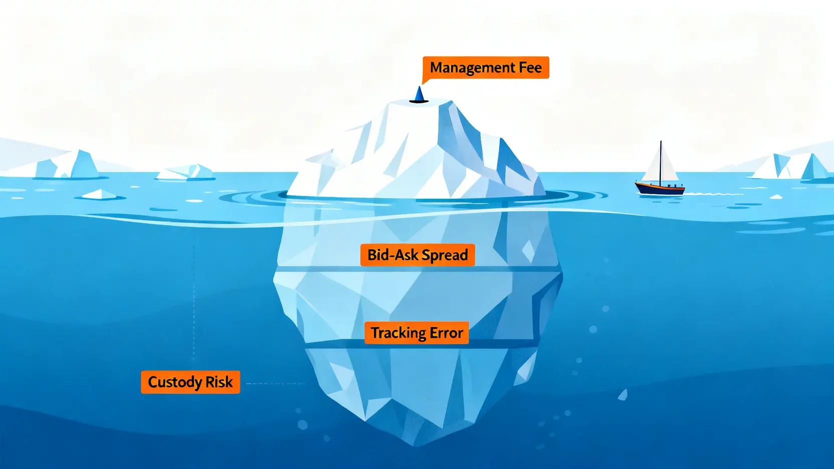 總持有成本冰山模型圖,顯示管理費只是可見的一小部分,而買賣價差、追蹤誤差等隱藏成本佔據了水面下的絕大部分。