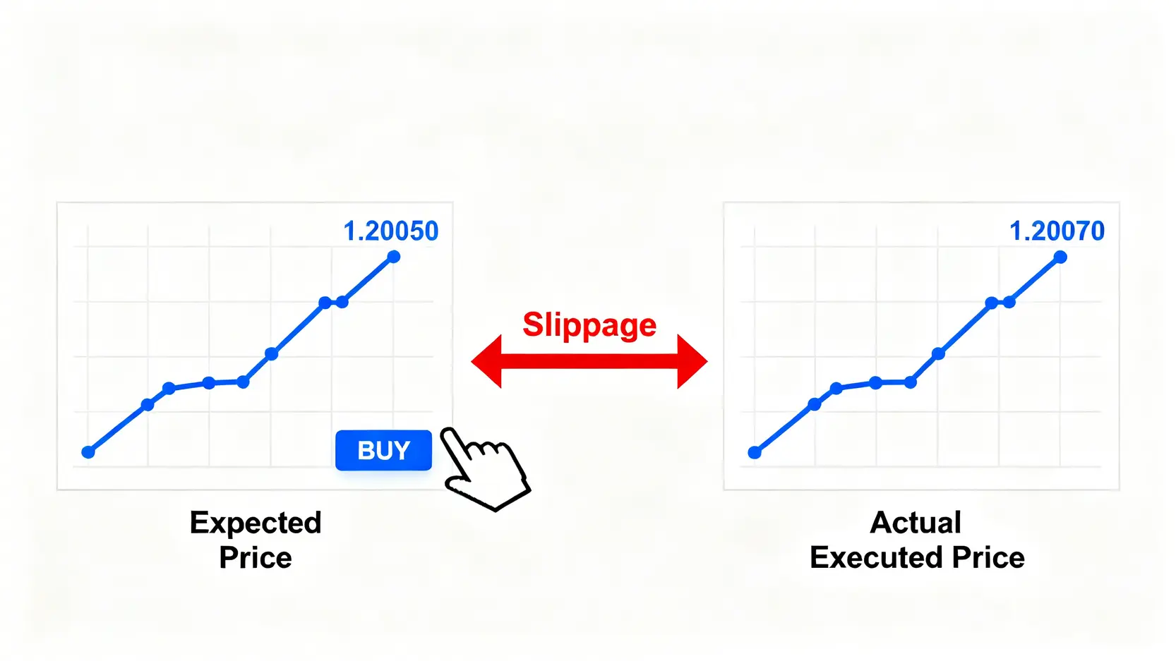 一張解釋外匯交易滑點概念的示意圖,顯示預期成交價和實際成交價之間的差異。