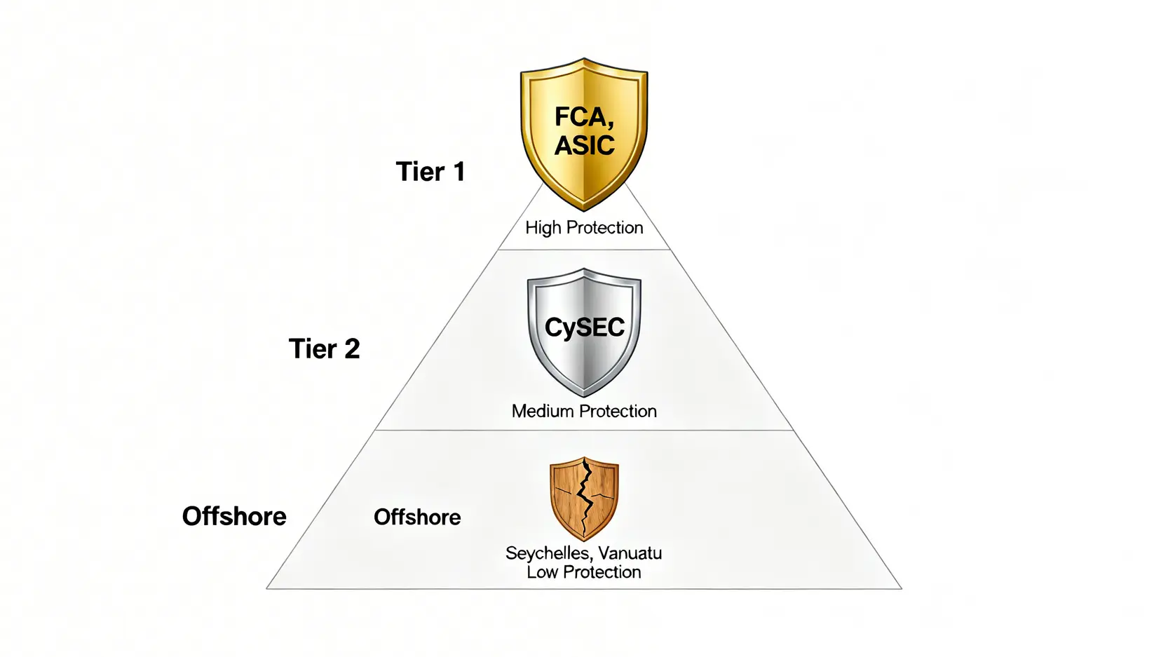 一張金字塔圖,展示不同等級金融監管機構的安全性,頂級為FCA和ASIC,底層為離岸監管。