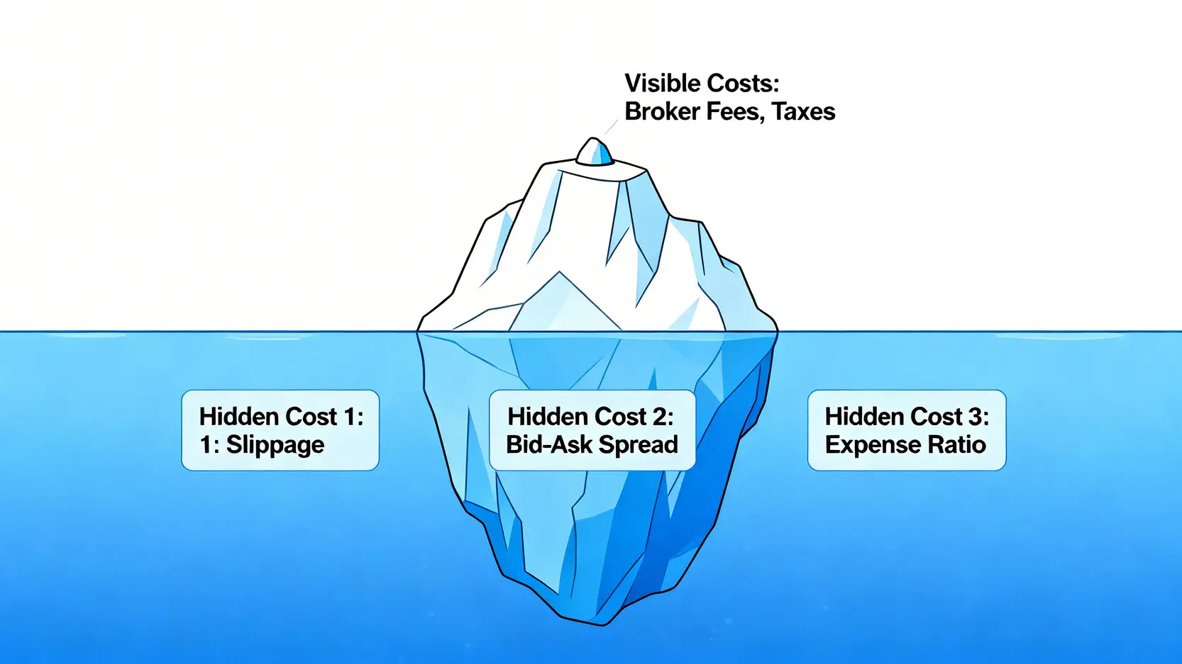 投資成本冰山圖,顯示可見的手續費只是冰山一角,而水面下隱藏著更大的滑價、價差與內扣費用成本。