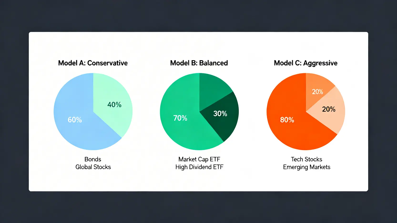 三大資產配置模型對比圖,分別展示了穩健型、均衡型和積極型投資組合中不同資產類別的比例。