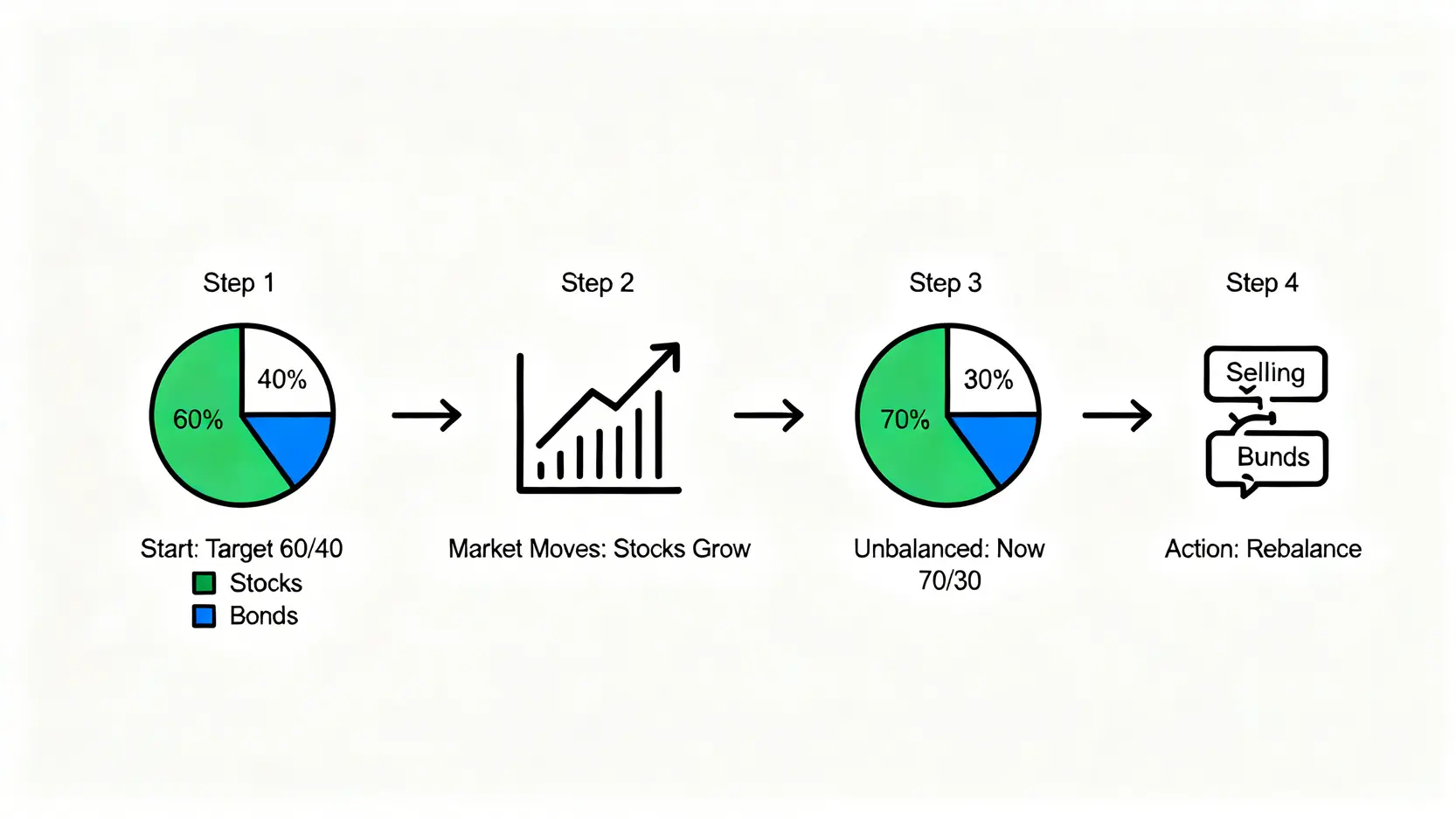 投資組合再平衡流程圖,展示了從目標配置比例,因市場波動而失衡,再透過賣出上漲資產、買入下跌資產,最終恢復目標比例的過程。