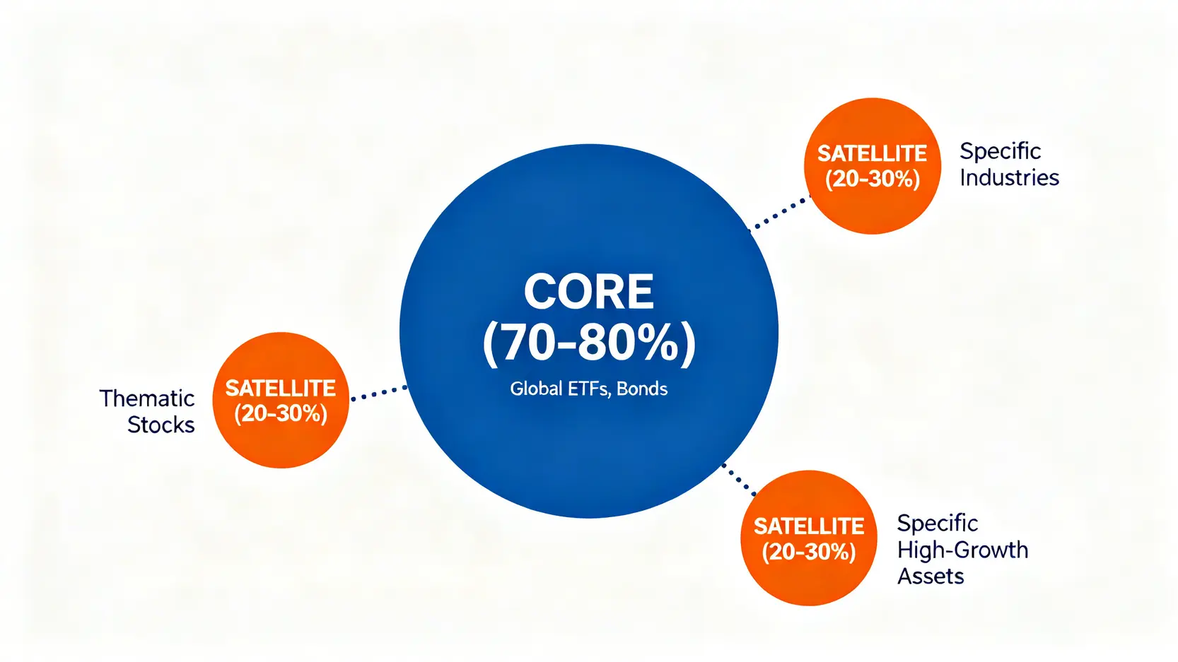 一張核心-衛星投資策略示意圖,中間是佔比大的核心資產(如全球ETF),周圍環繞著佔比較小的衛星資產(如主題個股)。