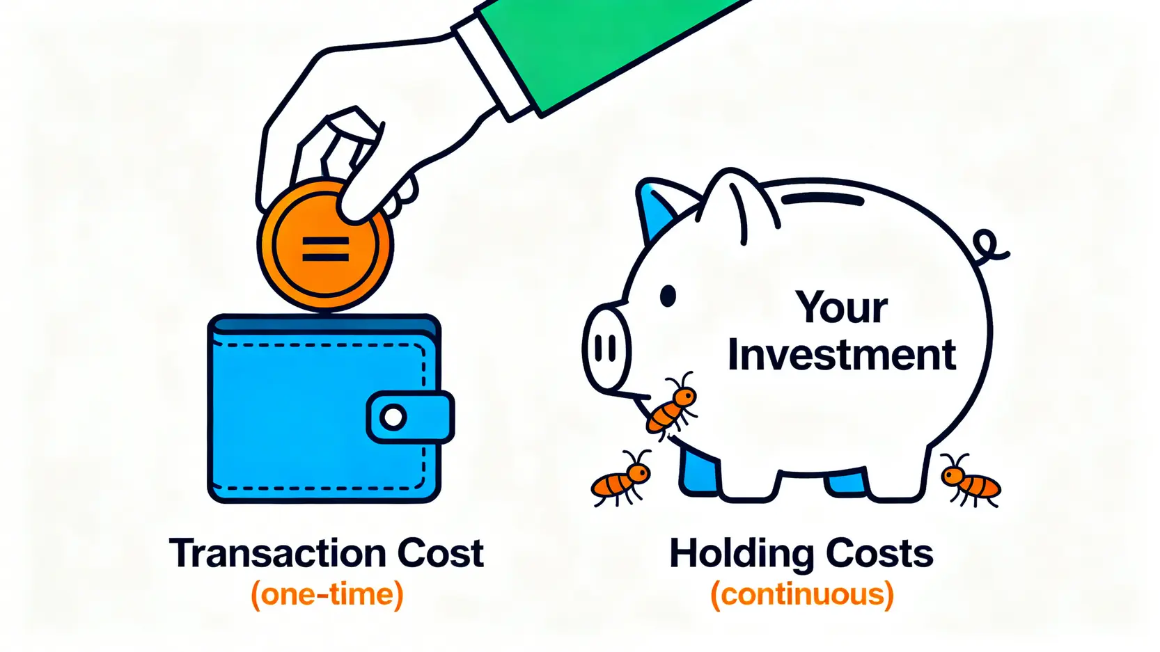 一張對比圖,顯示一次性的交易成本與持續侵蝕資產的持有成本(內扣費用)之間的區別。