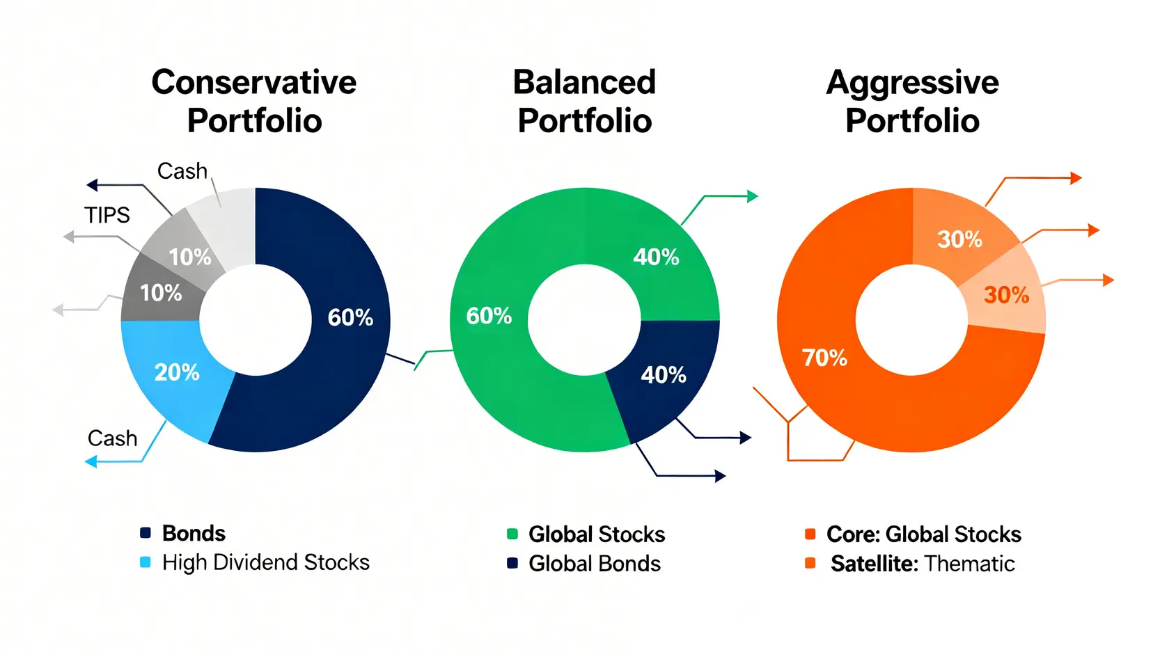 三種資產配置模型的圓餅圖,分別展示保守型、穩健型和積極型投資組合中股票、債券等不同資產的分配比例。