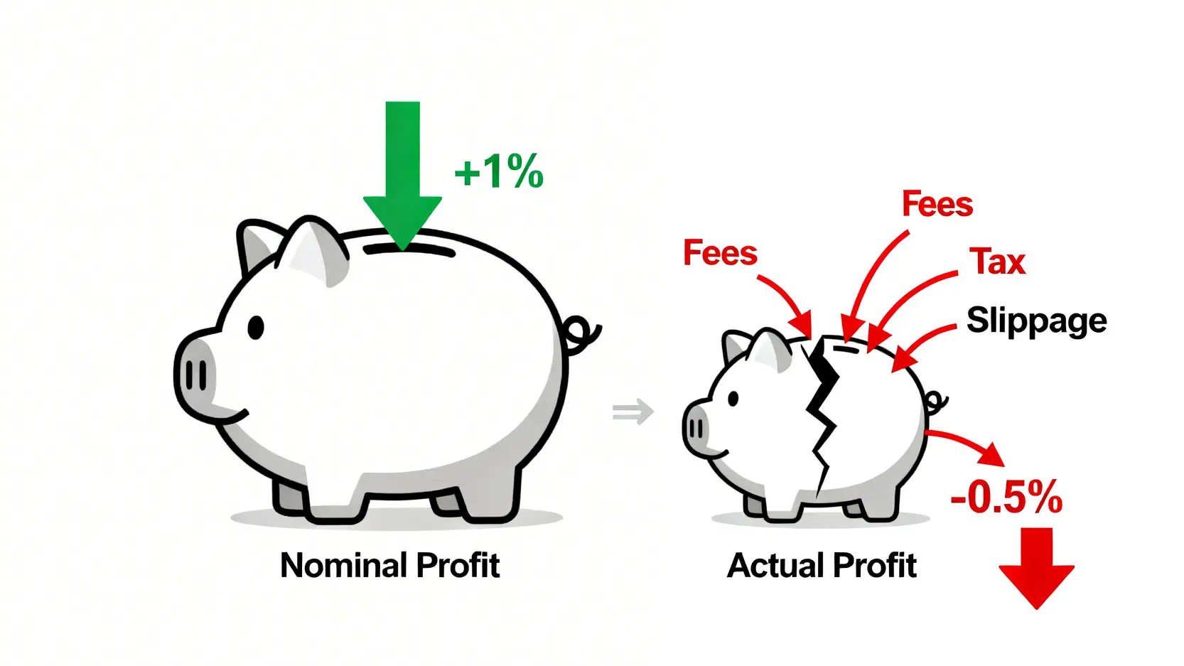 投資摩擦成本示意圖,顯示名目獲利扣除手續費、交易稅和滑價後,變為實際虧損的過程。