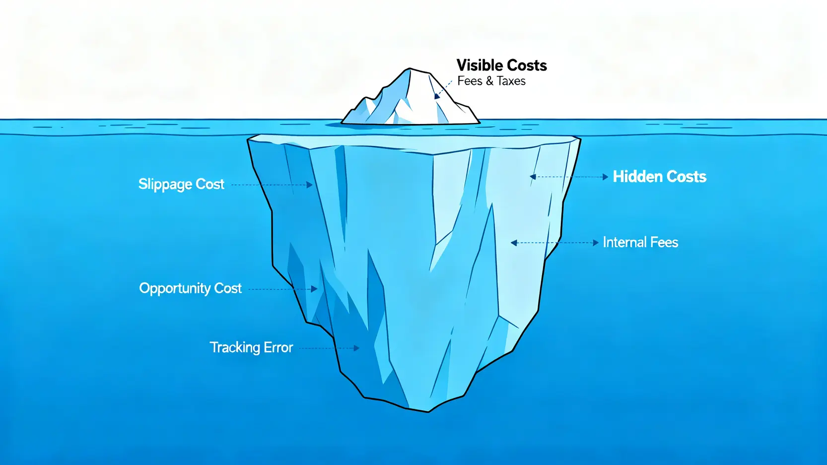 投資總持有成本的冰山模型圖,水面上是可見的手續費與稅,水面下是更龐大的滑價、機會成本等隱藏費用。