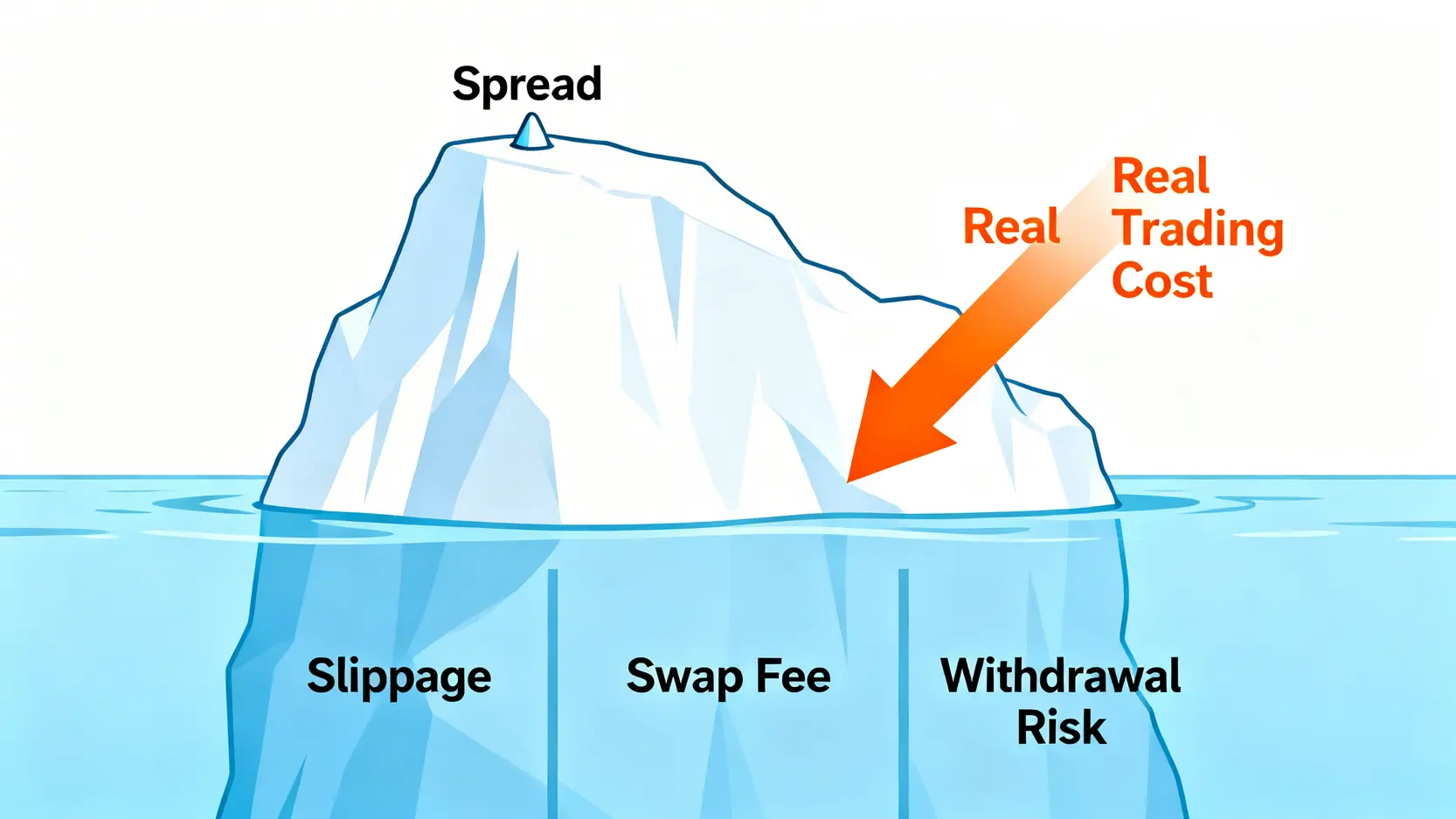 一張冰山圖,尖端標示「點差」,水下巨大冰山標示「滑點、隔夜利息、出金風險」,象徵真實交易成本。
