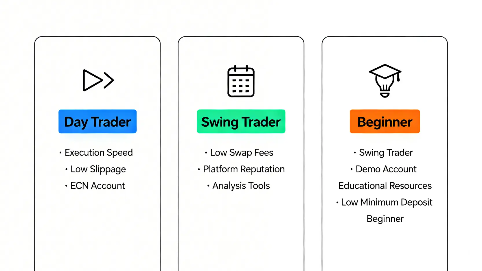 一張對比圖,展示三種交易者類型(日內短線、波段長線、新手入門)及其對應的平台選擇核心考量。
