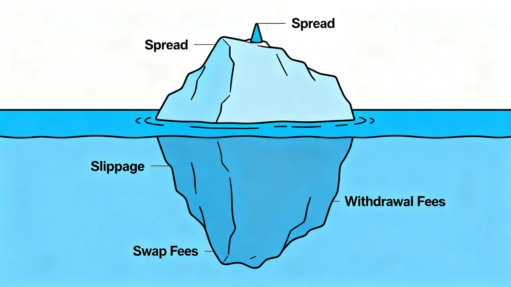 交易成本冰山圖,顯示點差只是可見的小部分,而滑點、隔夜利息等隱藏成本佔據了絕大部分。