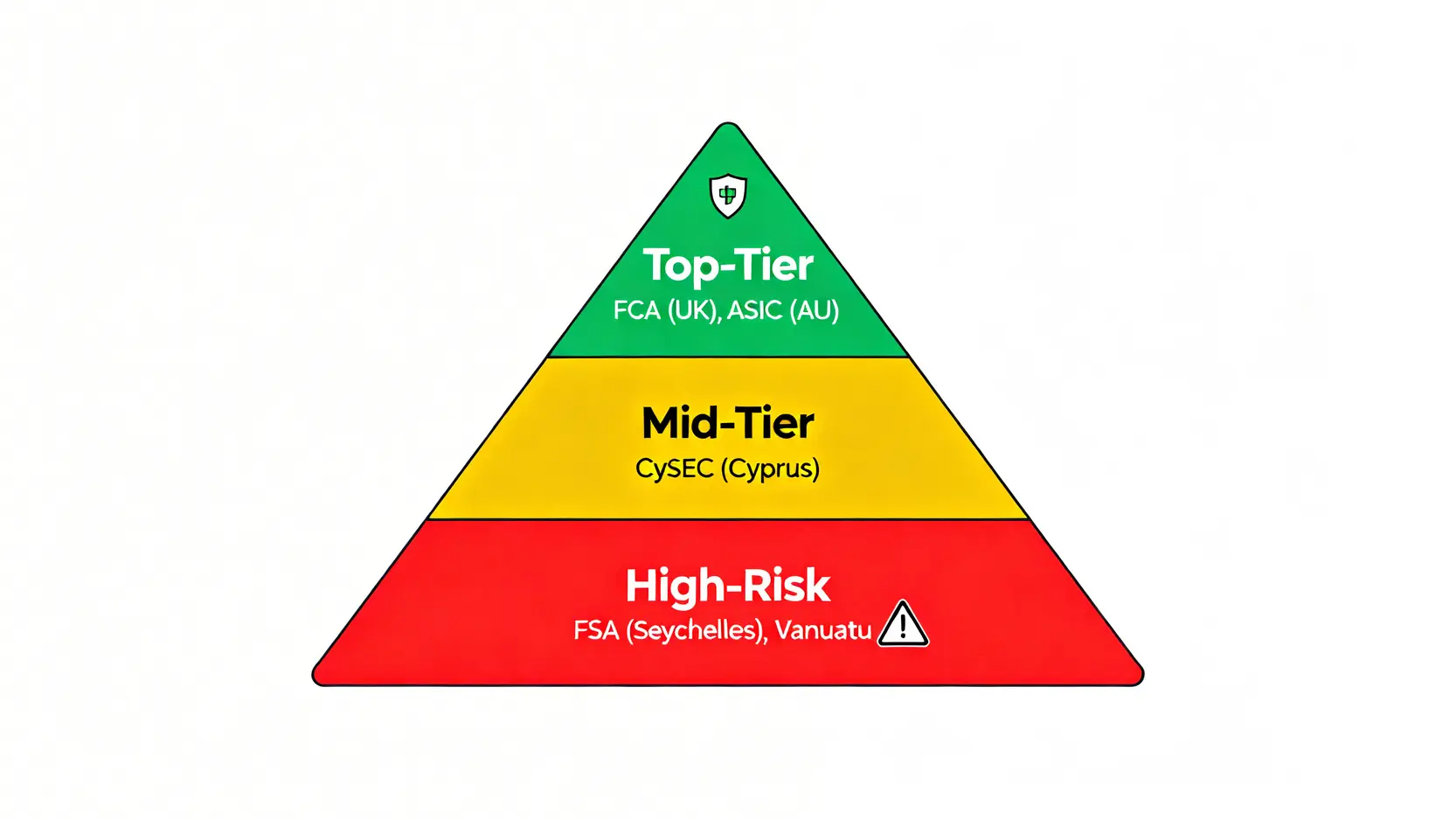 外匯監管機構安全等級金字塔,頂層為英國FCA與澳洲ASIC,底層為高風險的島國監管。
