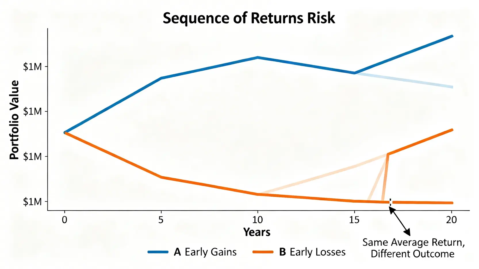收益順序風險示意圖,顯示兩種不同市場回報順序對退休金結餘的巨大影響。