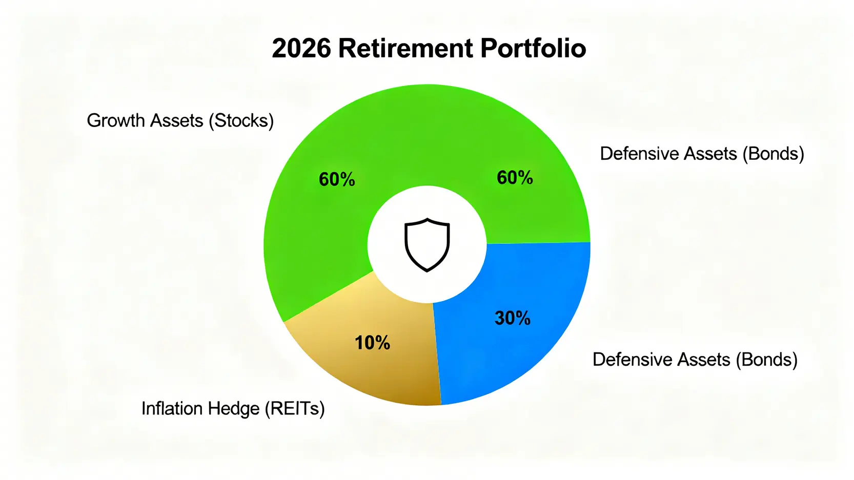 2026年退休資產配置建議圓餅圖,顯示股票佔60%,債券佔30%,REITs佔10%。