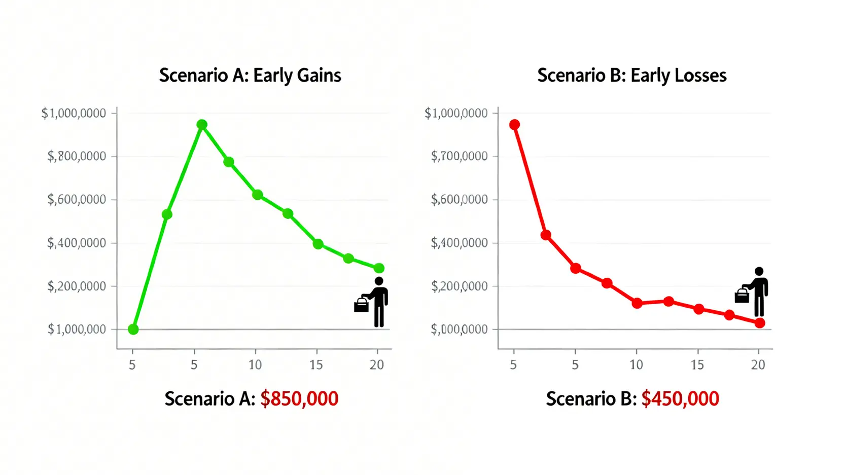 報酬順序風險對比圖,顯示退休初期市場下跌對資產的毀滅性影響。