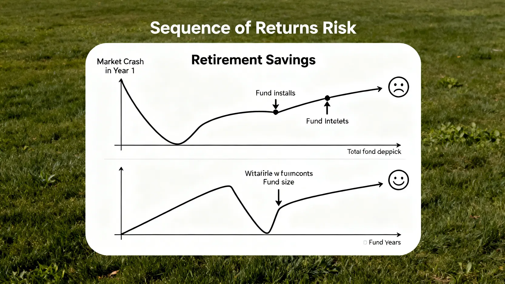 序列回報風險示意圖,顯示退休初期遇到市場大跌與退休中期遇到市場大跌對資產總額的不同影響。