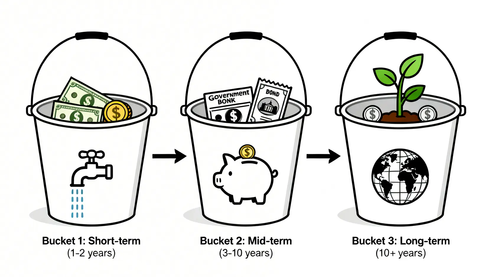 退休理財水桶策略示意圖,分為短期現金桶、中期收益桶與長期增長桶。
