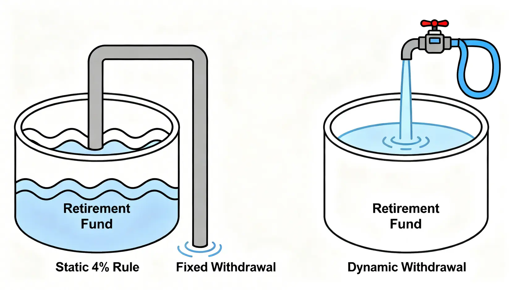 一張概念示意圖,對比靜態提領與動態提領策略。左邊是固定的水管導致水箱枯竭,右邊是智能閥門根據水位調整流量,保持水箱可持續。