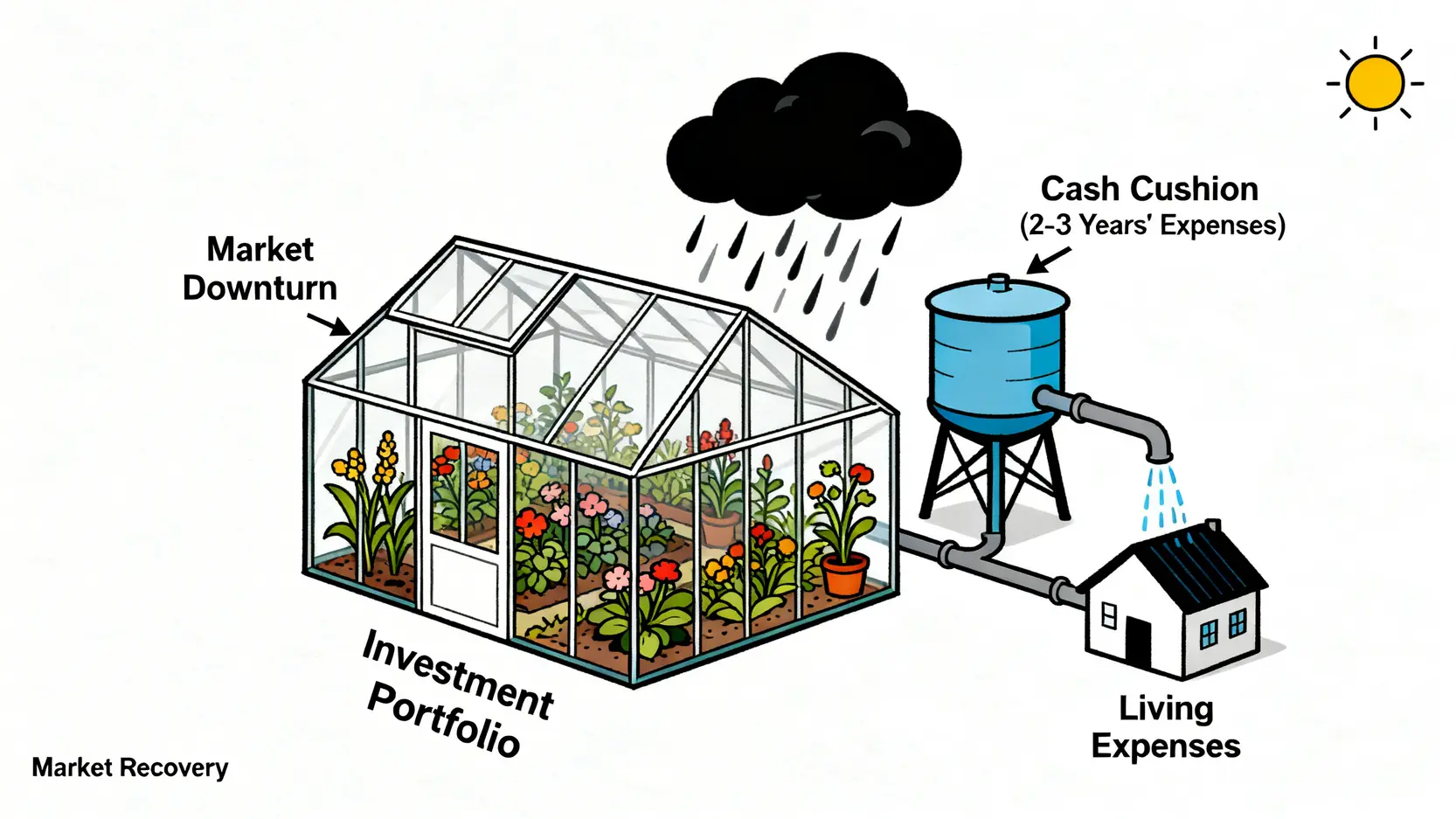 一張示意圖解釋現金緩衝區策略。一個投資組合溫室在市場風暴中受到保護,生活開銷由旁邊的現金水塔供應,待市場放晴後再補充水塔。