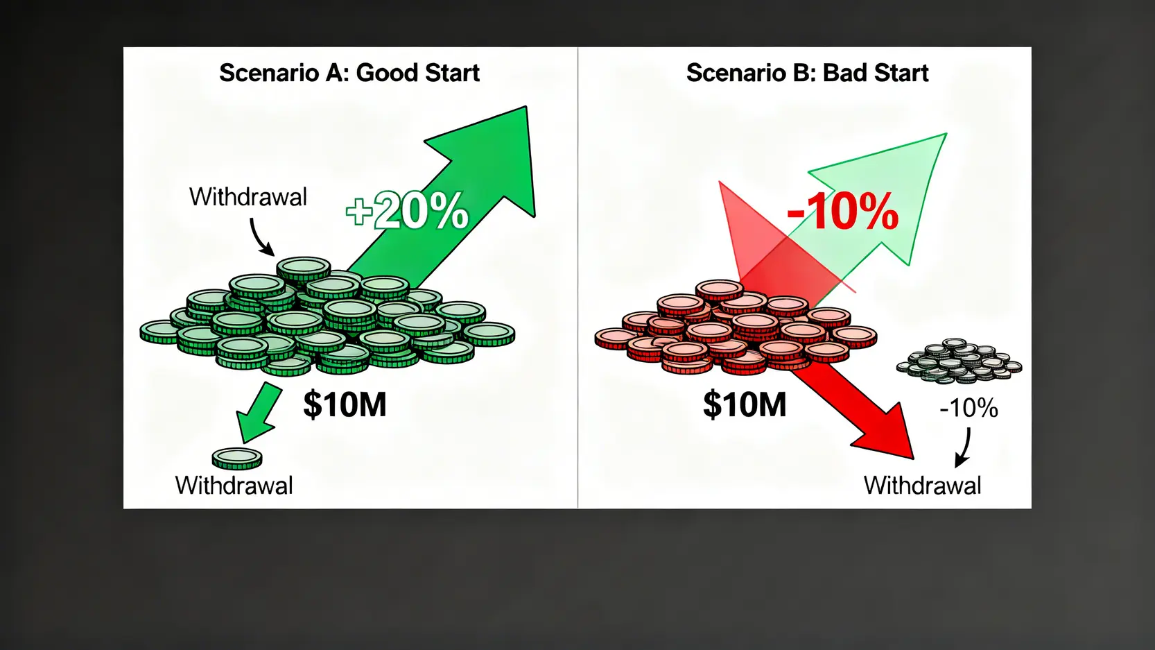 報酬順序風險示意圖,比較退休初期遇到順風市場與逆風市場對退休金總額的長期影響。