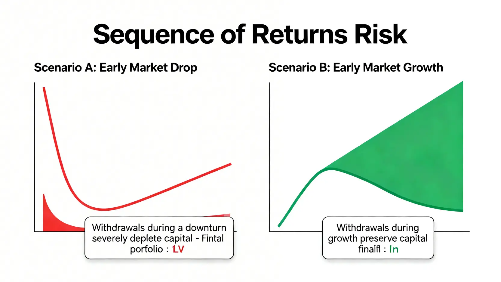 一張對比圖解釋報酬順序風險,顯示退休初期遇到熊市與牛市對資產總額的巨大影響。