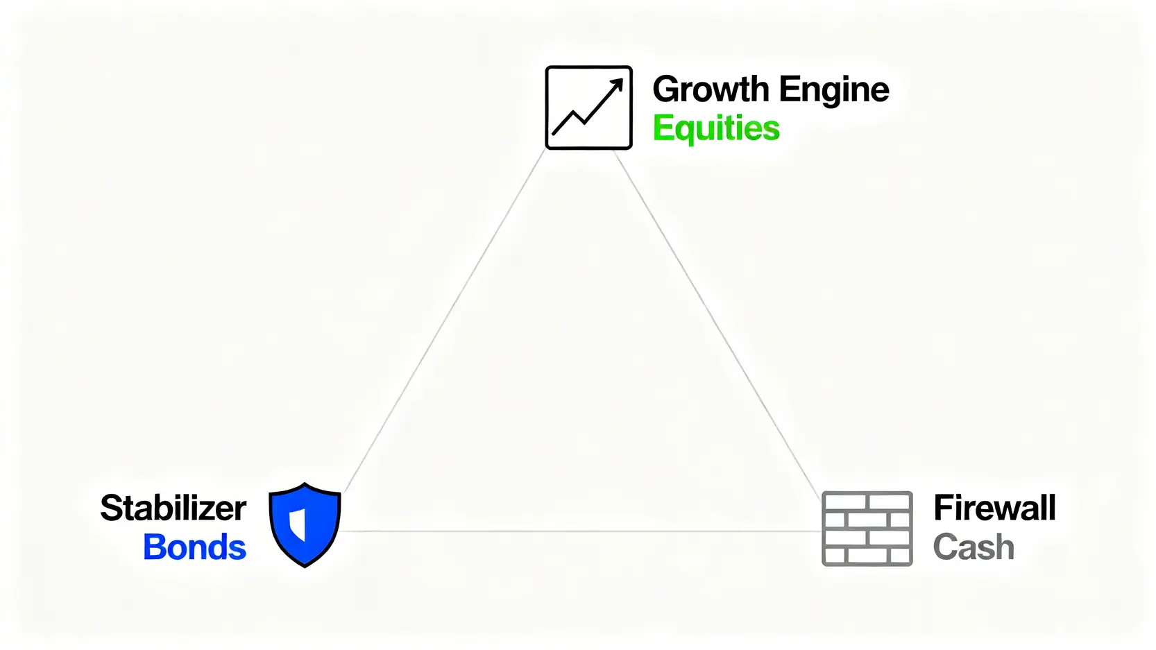 資產配置黃金三角模型示意圖,包含代表股票的成長引擎、代表債券的穩定器,以及代表現金的防火牆。