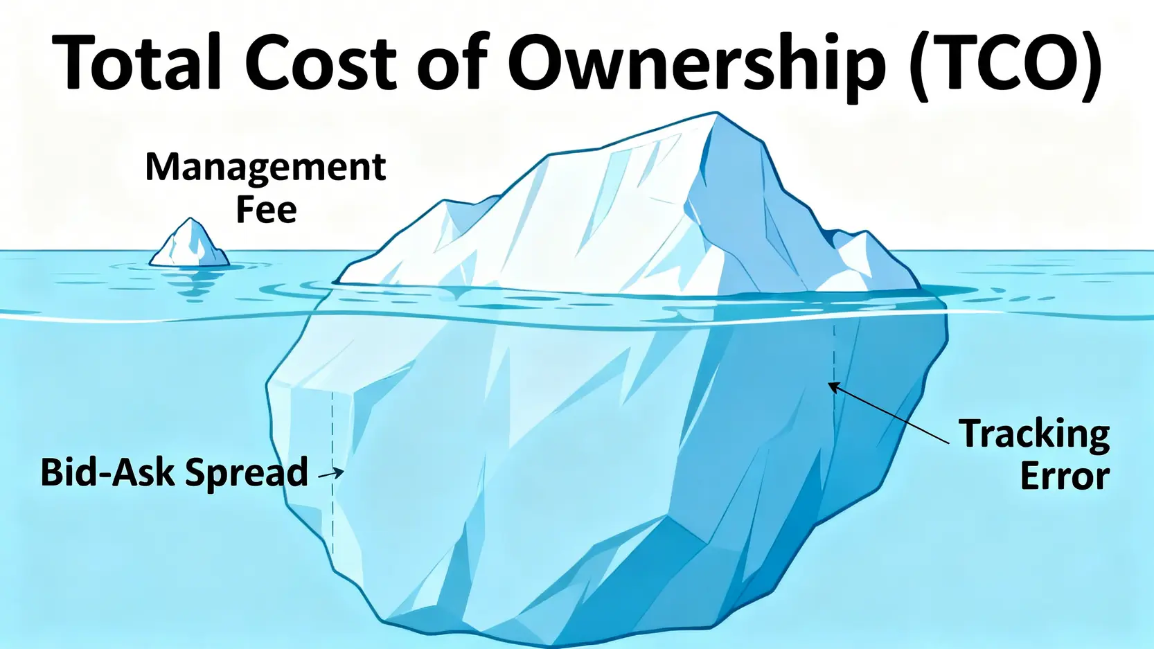 比特幣ETF總持有成本的冰山模型圖,顯示可見的管理費僅為一小部分,而水面下的買賣價差和追蹤誤差等隱藏成本佔據了絕大部分。