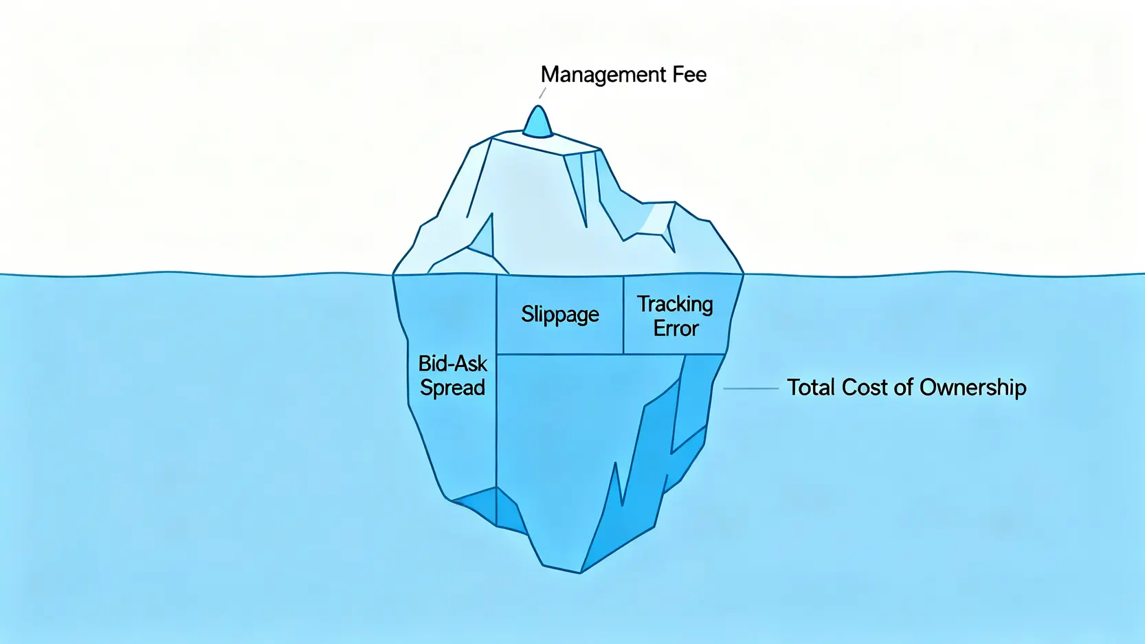比特幣ETF總持有成本的概念圖,展示了管理費只是冰山一角,水面下還隱藏著買賣價差、滑點和追蹤誤差等更大的成本。