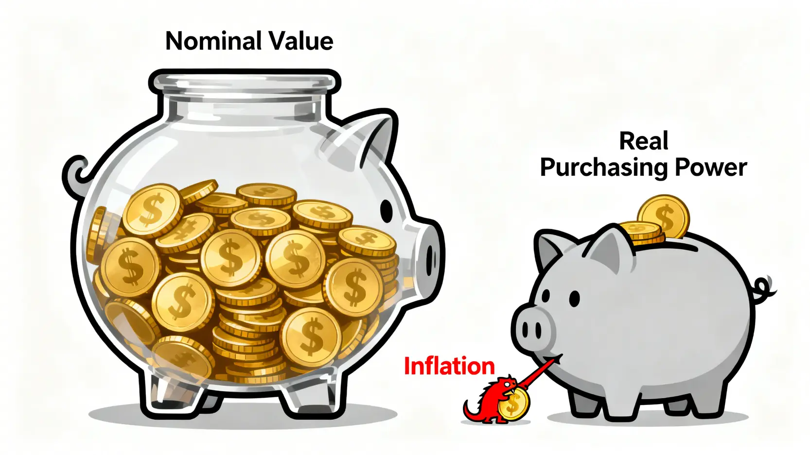 一張比較圖,顯示名目價值與真實購買力的差異,通膨正在侵蝕真實購買力。