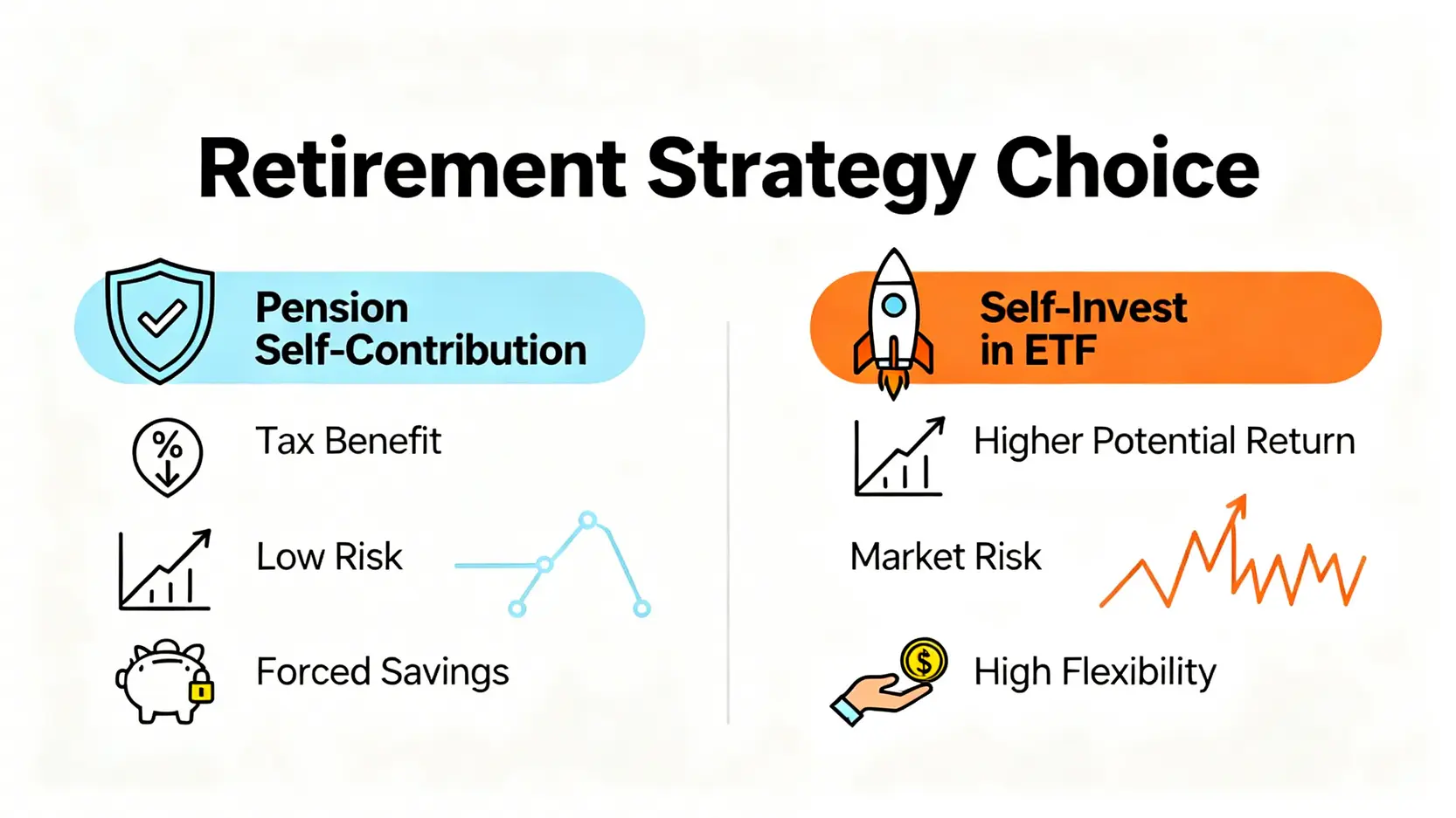 勞退自提與自行投資ETF的優缺點對比圖,包含風險、回報與彈性等要素。