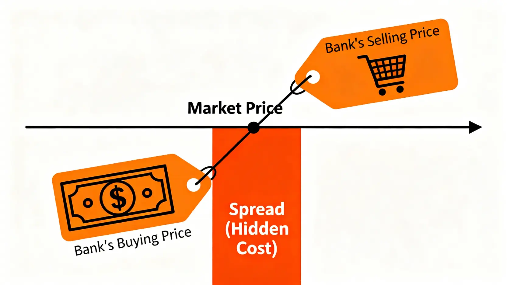 銀行白銀存摺買賣價差的示意圖,顯示銀行賣出價高於買入價,中間的差距即為投資者的隱藏成本。