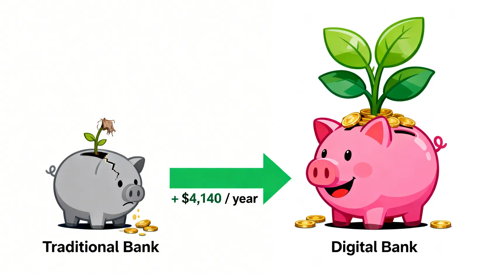 選擇傳統銀行與數位銀行的年度成本差異計算圖,顯示數位銀行可多省下超過4000元。