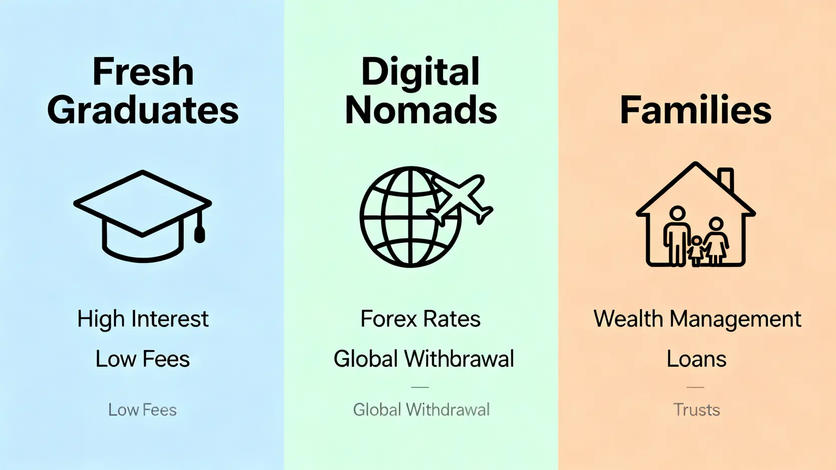 針對三種不同身份(社會新鮮人、數位遊牧族、家庭)的銀行選擇需求指南。
