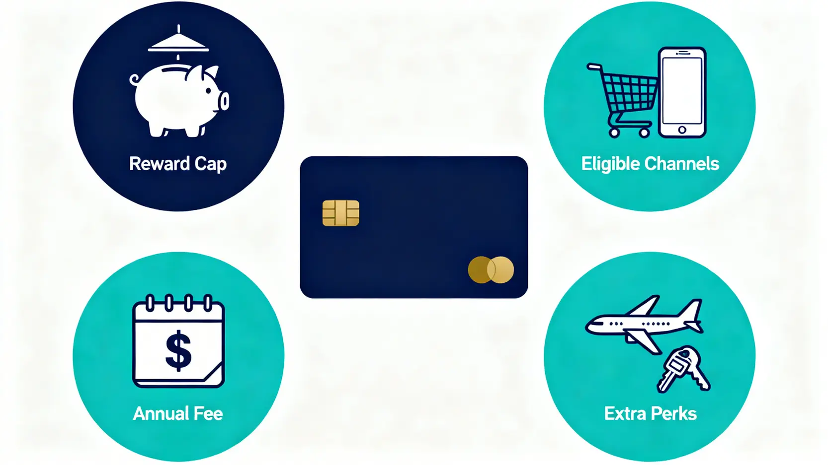 一張信用卡被四個評估標準圖標環繞,分別是回饋上限、適用通路、年費標準和附加價值。