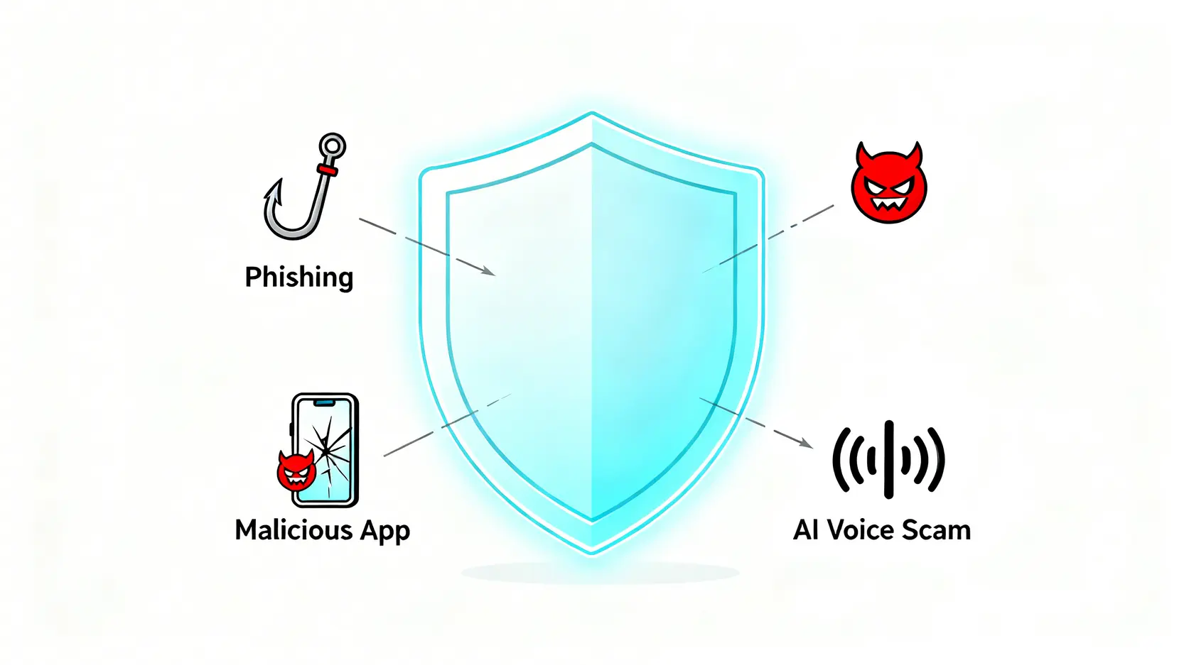 一個發光的防護盾牌成功抵擋來自釣魚連結、惡意應用程式和詐騙電話等金融詐騙威脅。