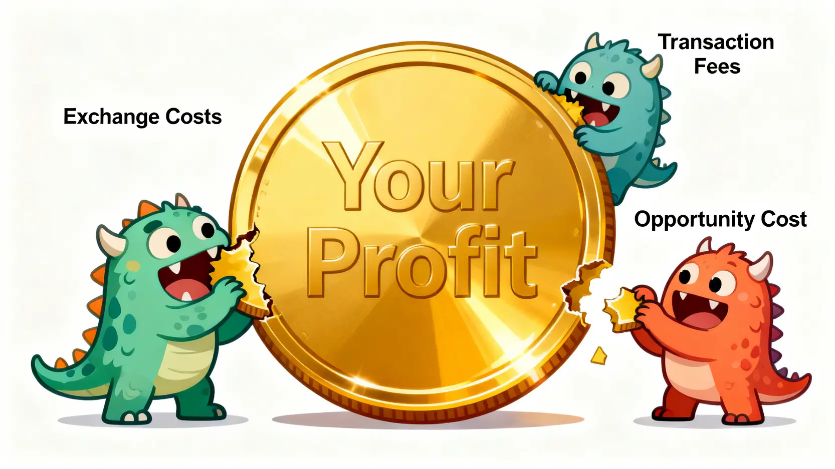 一張圖說明三種隱藏成本(換匯成本、交易費用、機會成本)如何侵蝕投資獲利。