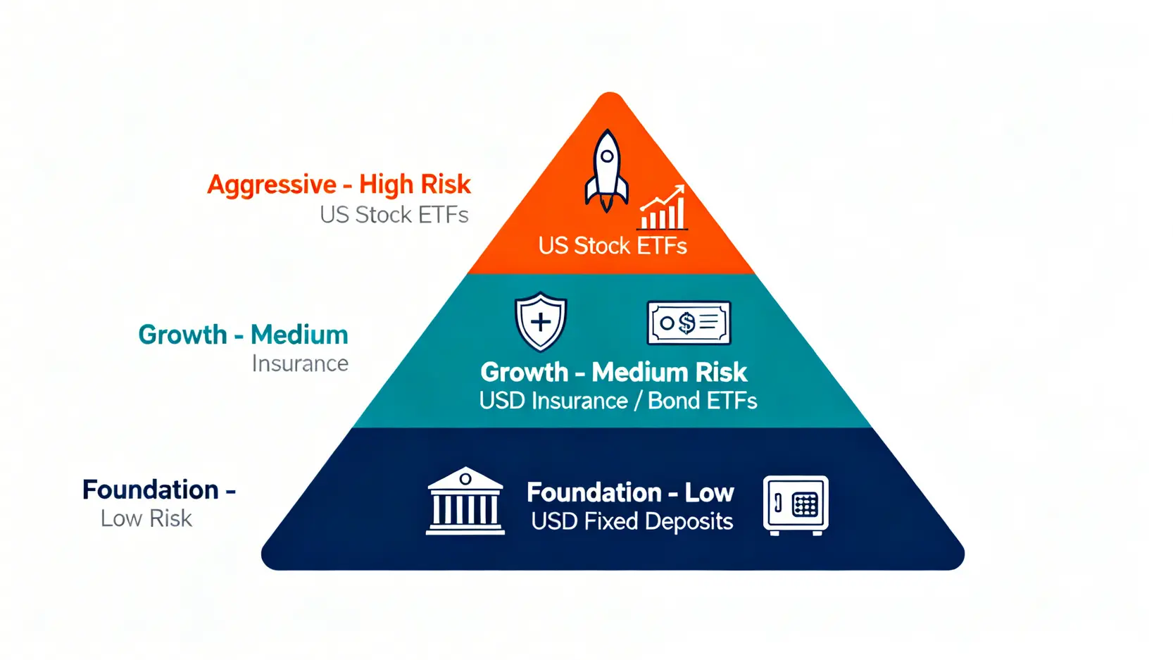 2026美元資產配置金字塔模型,分為底層的定存、中層的保險與債券ETF,以及頂層的股票ETF。