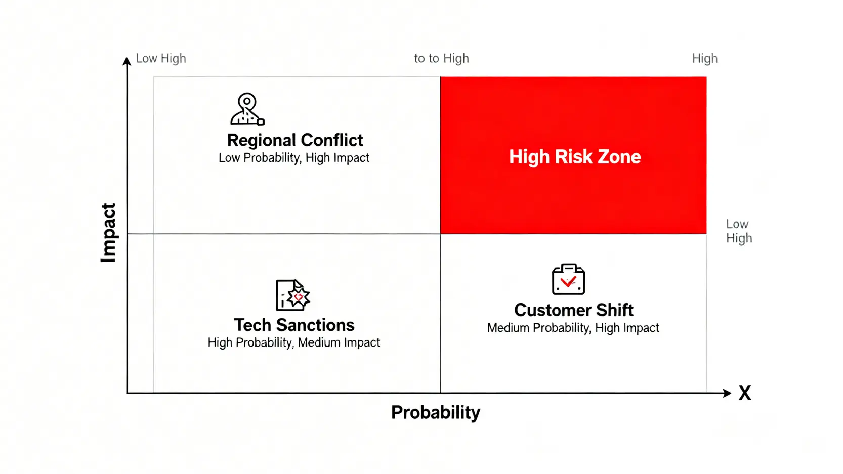 投資風險評估矩陣圖,從發生機率和潛在衝擊兩個維度分析地緣衝突、技術管制和訂單轉移等風險。