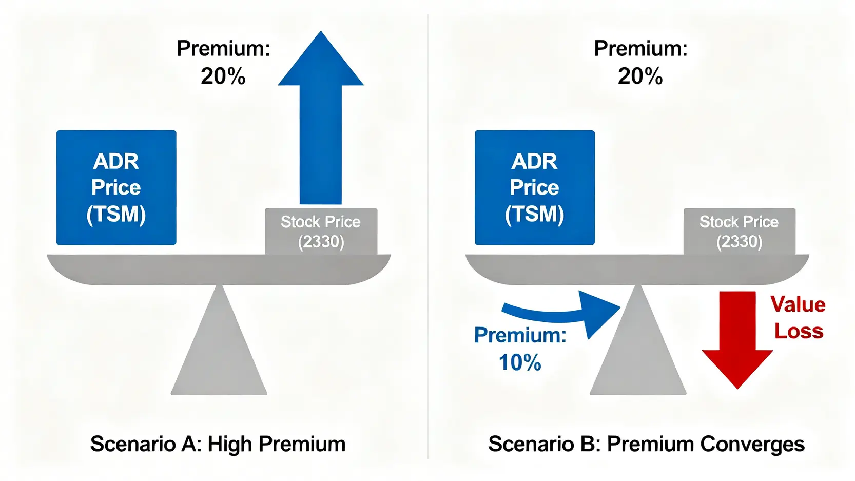 ADR溢價收斂風險示意圖,展示了即使台股股價不變,ADR價格也可能因溢價縮小而下跌,導致投資虧損。