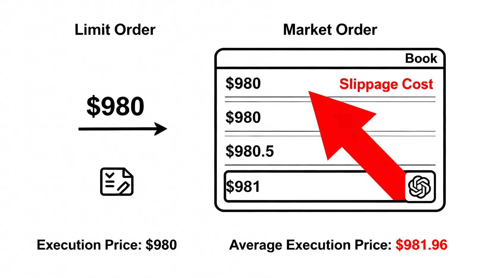 限價單與市價單的交易成本比較圖,清楚顯示市價單可能產生的滑點成本。
