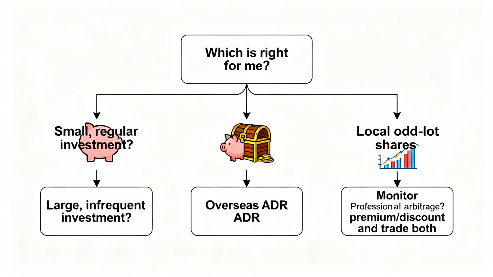 一張決策樹流程圖,幫助投資者根據資金規模與交易頻率,選擇購買台股零股或美股ADR。