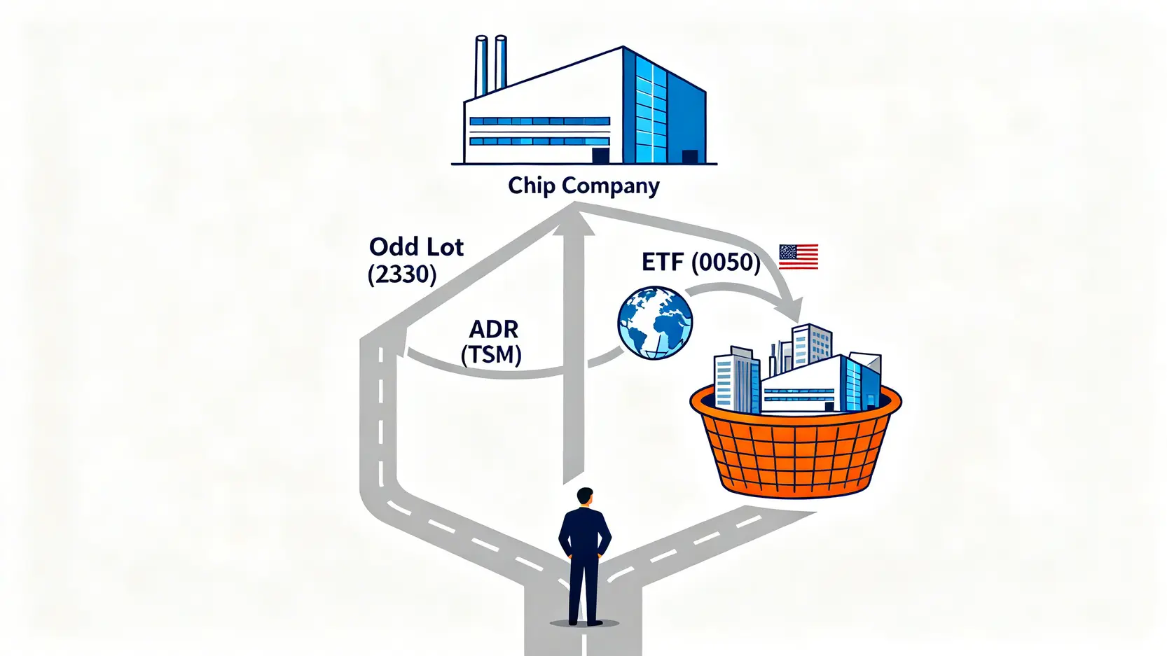 一張圖說明投資一家頂尖晶片公司的三種管道:直接購買零股、透過美國存託憑證ADR,或經由ETF間接持有。