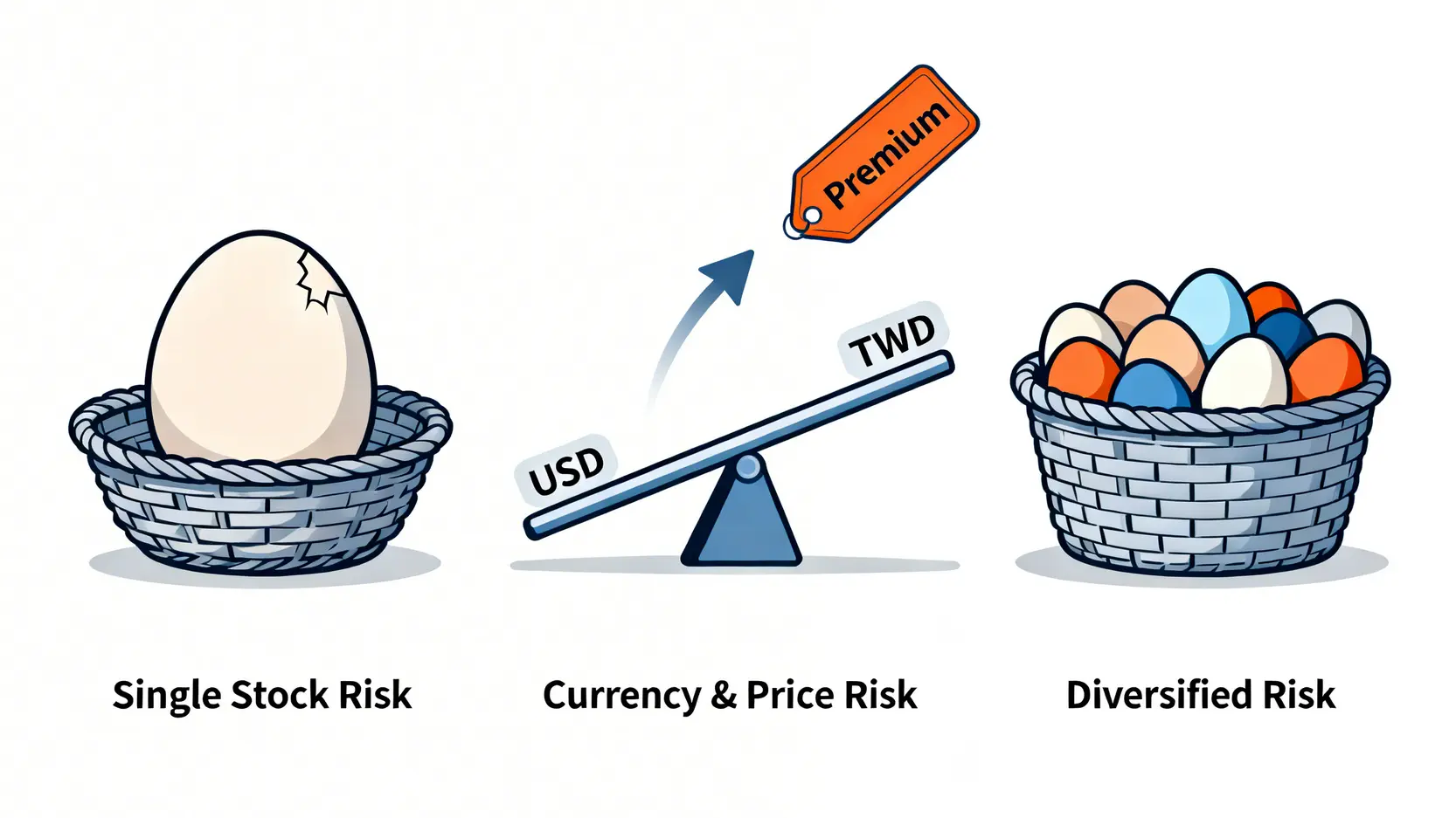 比較三種投資方式核心風險的示意圖:零股的單一公司集中風險、ADR的匯率與折溢價風險、以及ETF的分散風險特性。