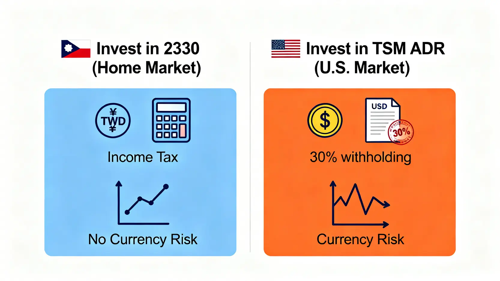 台積電台股(2330)與ADR(TSM)投資對比圖,比較交易貨幣、稅負與匯率風險三大核心差異。