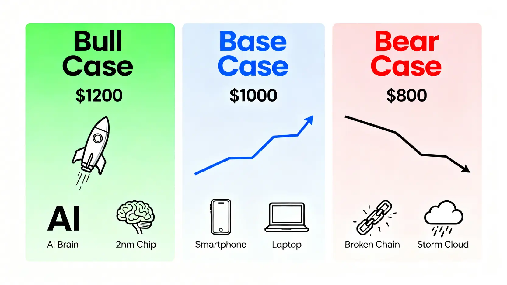 半導體公司股價的樂觀、中性與悲觀三種情景分析圖。