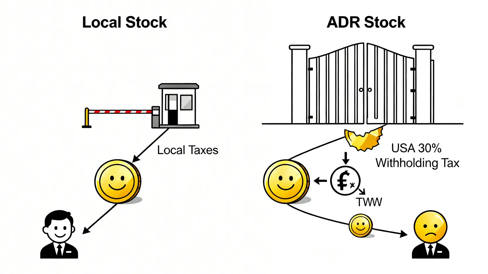 對比圖顯示投資本地股票與ADR在領取股利時的稅務差異,突顯ADR的30%預扣稅。