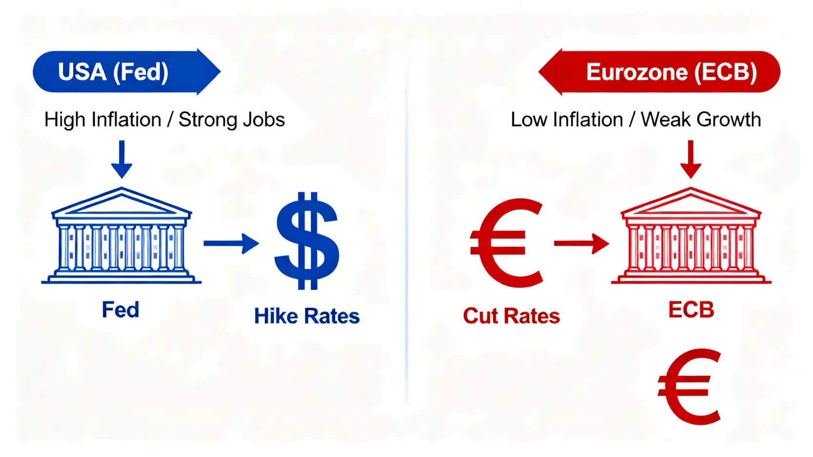 美國聯準會與歐洲央行貨幣政策對比圖,展示了經濟數據如何影響利率決策,進而導致美元走強或歐元走弱。